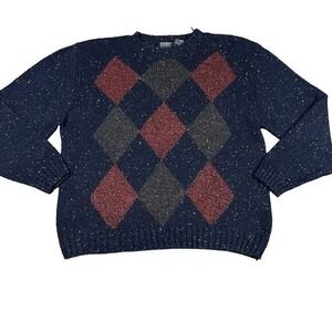 Knightsbridge Argyle Sweater Mens XL Navy Blue Excellent Ramie Wool Blend Marled